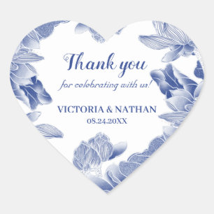 Elegant Blue White Chinoiserie Thank You Favour Heart Sticker