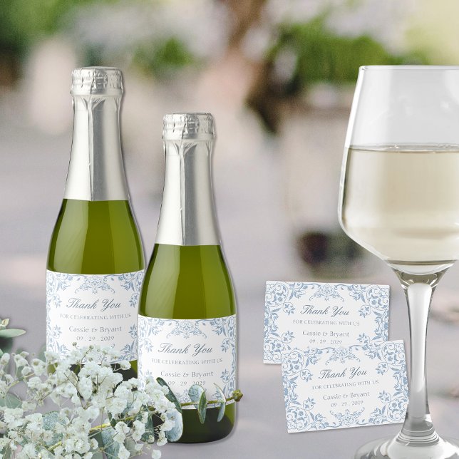 Elegant Blue White Chinoiserie Wedding Thank You Sparkling Wine Label (elegant blue and white thank you labels for wedding wine or champagne bottles for vintage chic event)