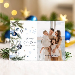 Elegant Blue White Christmas Ornament Photo Holiday Postcard