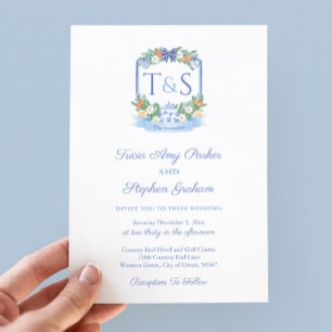 Elegant Blue White Citrus Crest Holidays Wedding Invitation