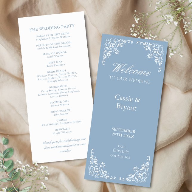 Elegant Blue White Classic Vintage Wedding Program (elegant blue and white wedding program cards with bridal party and 2 sided design with border trim)