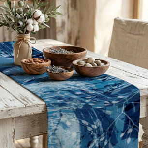 Elegant Blue & White Cyanotype Botancial Foliage  Long Table Runner