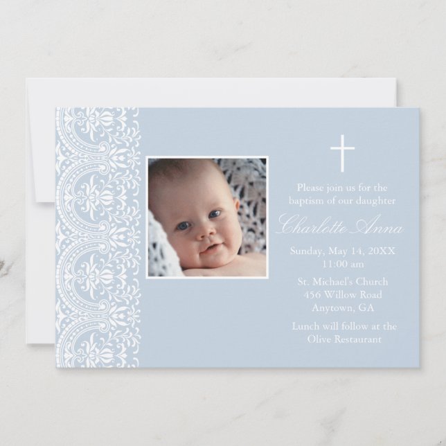 Elegant Blue & White Damask Baptism Invitation (Front)