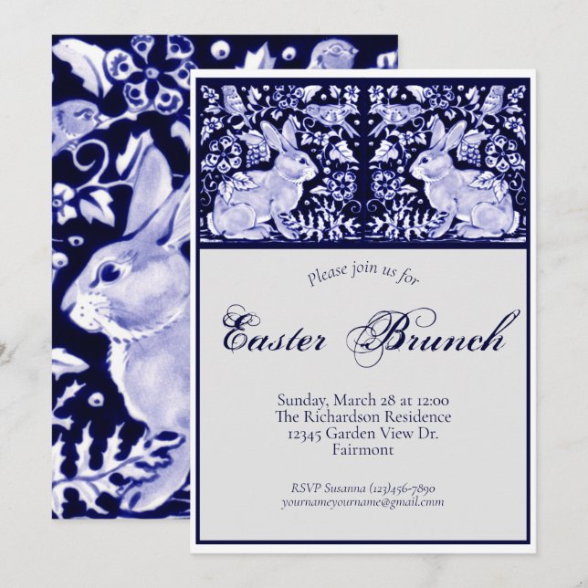 Elegant Blue, White Easter Brunch Rabbit Birds Art Invitation (Front/Back)
