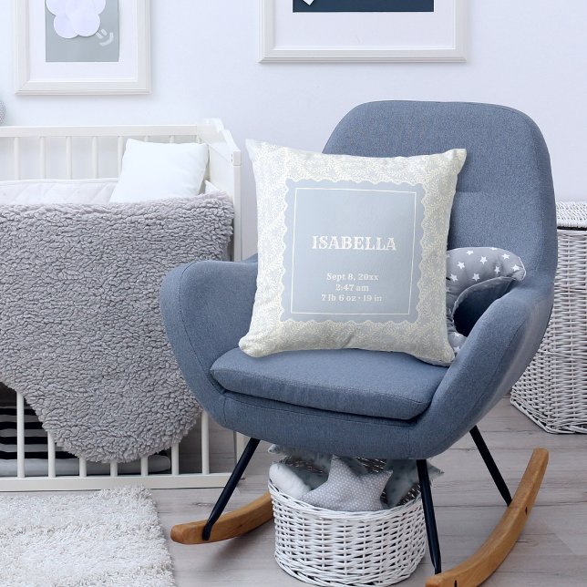 Elegant Blue White Faux Lace Baby Boy Girl Nursery Cushion (newborn pillow with name and birth stats in blue with white lace)
