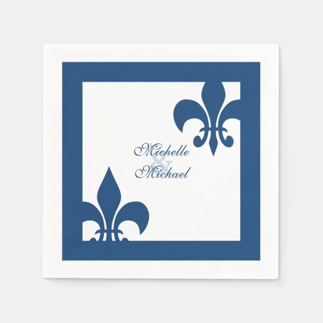 Elegant Blue White Fleur de Lis Wedding Napkin (Front)