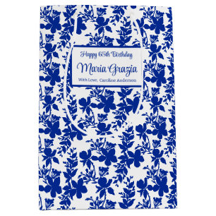 Elegant Blue White Floral 65th Birthday Medium Gift Bag