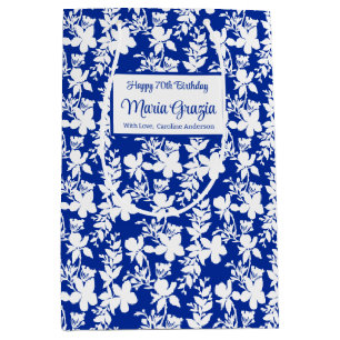 Elegant Blue White Floral 70th Birthday  Medium Gift Bag