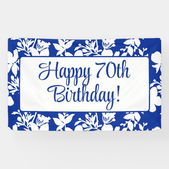 Elegant Blue White Floral 70th Birthday Party Banner (Horizontal)