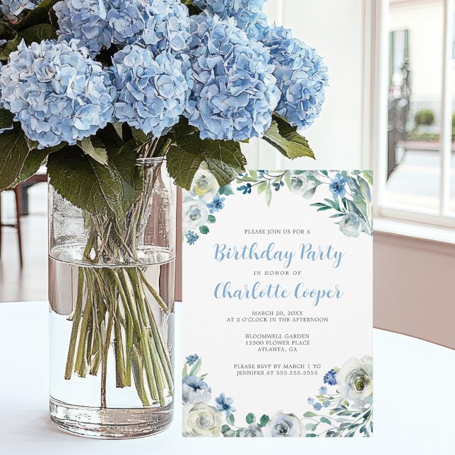 Elegant Blue White Floral Birthday Party Invitation (Creator Uploaded)