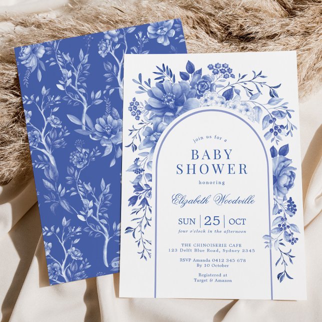 Elegant Blue White Floral Chinoiserie Baby Shower Invitation (Creator Uploaded)