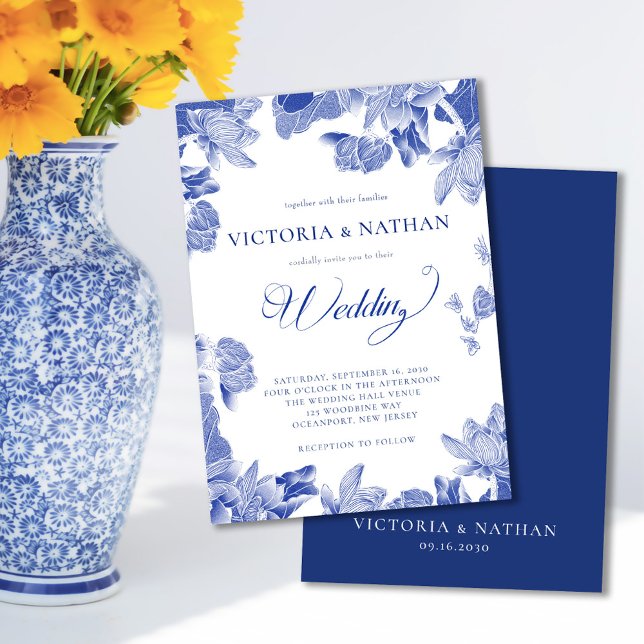 Elegant Blue White Floral Chinoiserie Wedding  Invitation (Creator Uploaded)
