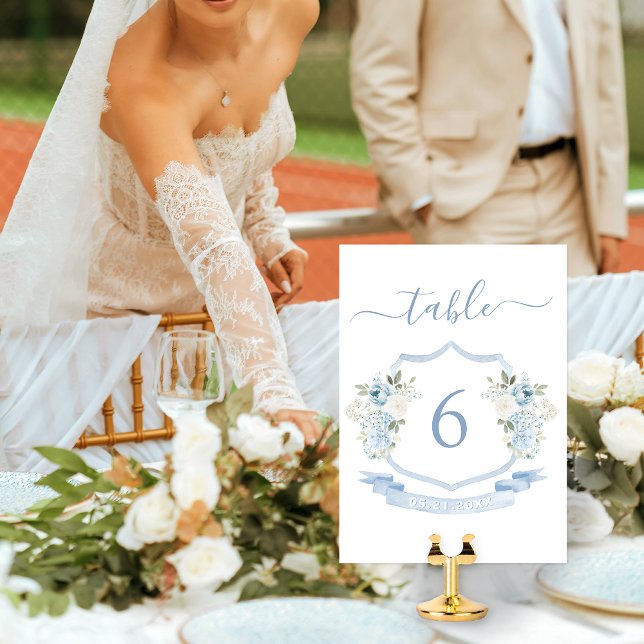 Elegant Blue White Floral Crest Wedding Table Number (Creator Uploaded)