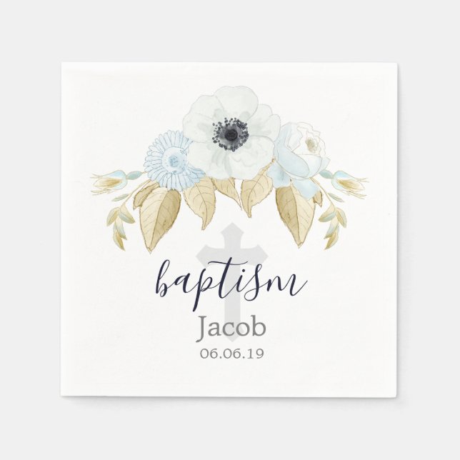 Elegant Blue & White Floral Cross Baby Baptism Napkin (Front)