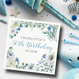 Elegant Blue White Floral Custom Birthday Party Napkin