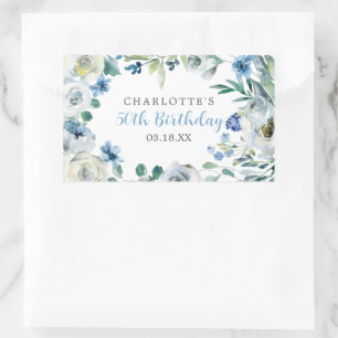 Elegant Blue White Floral Custom Birthday Party Rectangular Sticker