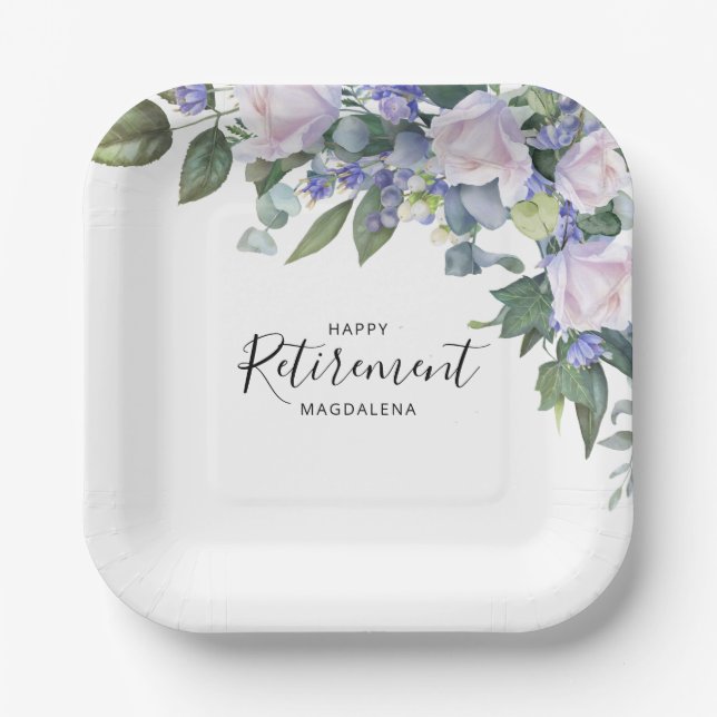 Elegant Blue White Floral Custom Retirement Party  Paper Plate (Front)