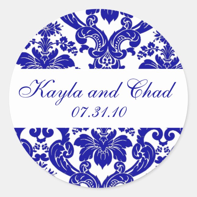 Elegant Blue White Floral Damask Wedding Classic Round Sticker (Front)