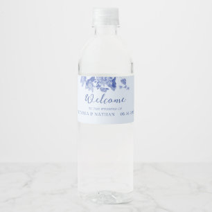 Elegant Blue White Floral Lotus Welcome Wedding  Water Bottle Label