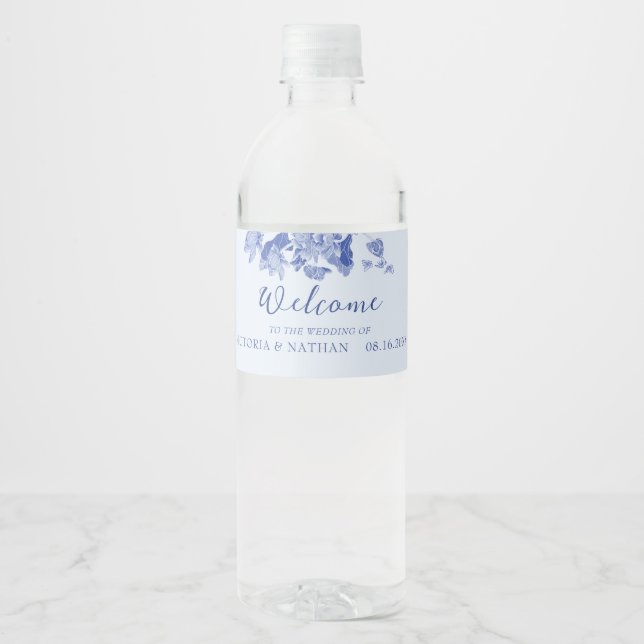 Elegant Blue White Floral Lotus Welcome Wedding  Water Bottle Label (Front)