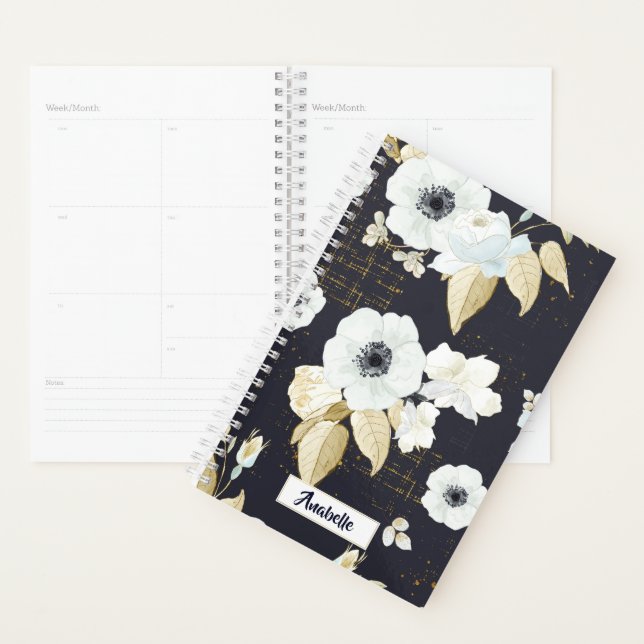 Elegant Blue & White Floral Pattern Monogram Planner (Display)