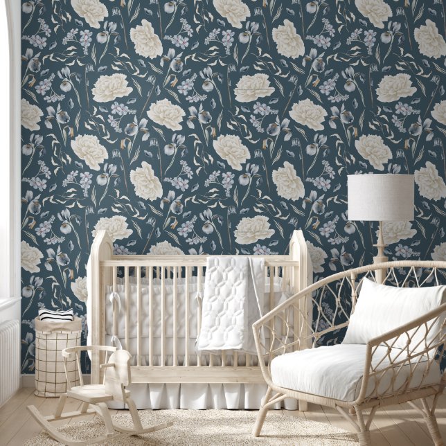 Elegant Blue & White Floral Pattern on Blue Wallpaper (Kids)