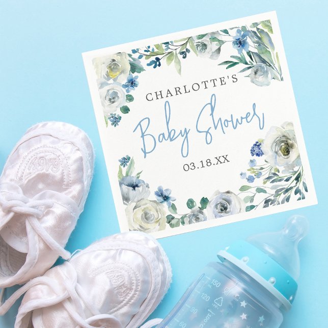 Elegant Blue White Floral Spring Boy Baby Shower Napkin (Creator Uploaded)