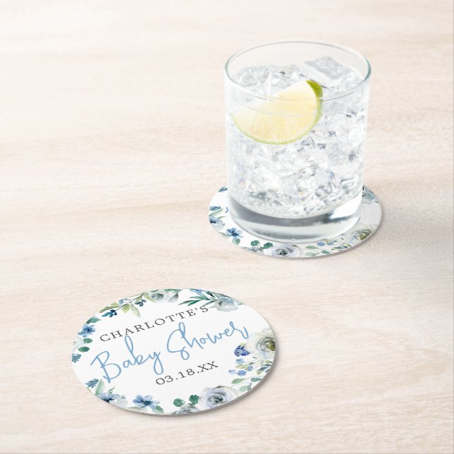 Elegant Blue White Floral Spring Boy Baby Shower Round Paper Coaster (Insitu)