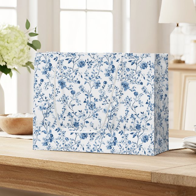 Elegant Blue & White Floral Toile Botanical Large Gift Bag (Elegant blue toile pattern large gift bag - a timeless classic that's perfect for gifting!)