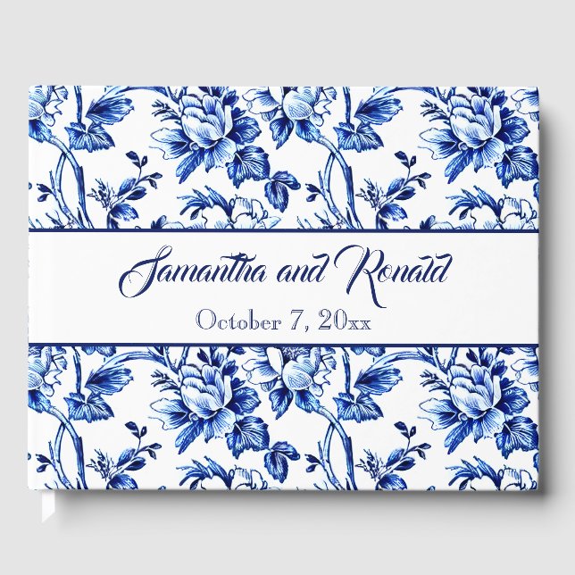 Elegant Blue White Floral Toile Wedding Guest Book (Front)
