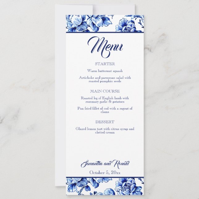 Elegant Blue White Floral Toile Wedding Menu Card (Front)