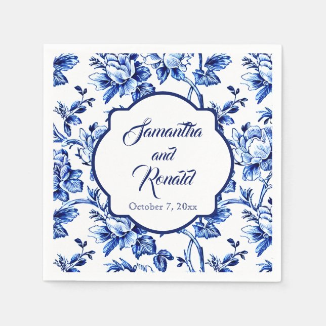 Elegant Blue White Floral Toile Wedding Napkin (Front)