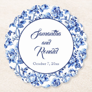 Elegant Blue White Floral Toile Wedding Paper Coaster