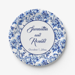 Elegant Blue White Floral Toile Wedding Paper Plate