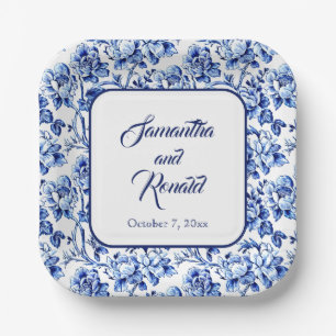 Elegant Blue White Floral Toile Wedding Paper Plate