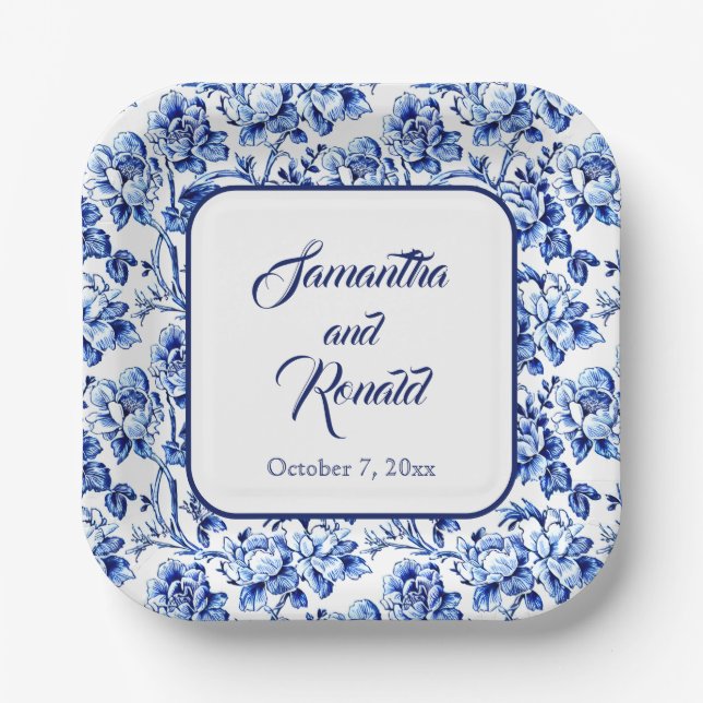 Elegant Blue White Floral Toile Wedding Paper Plate (Front)