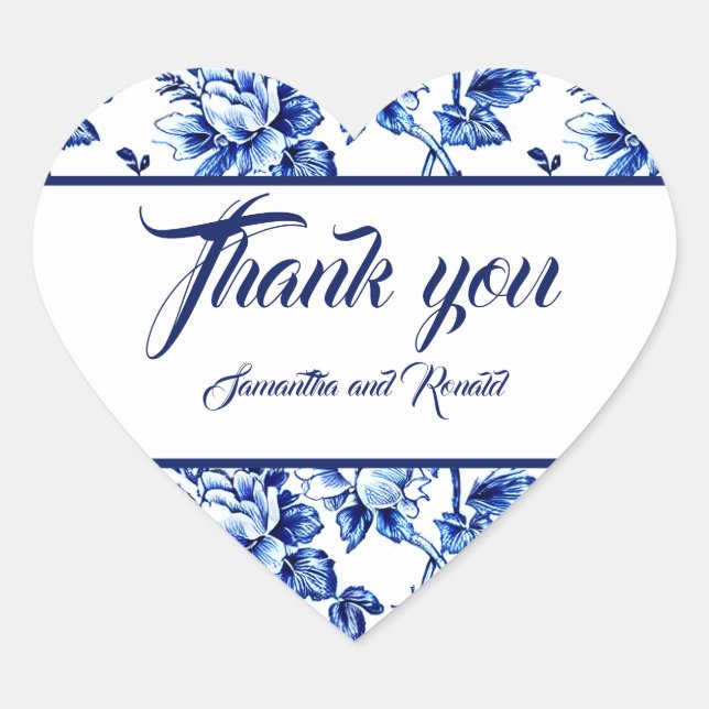 Elegant Blue White Floral Toile Wedding Thank You Heart Sticker (Front)