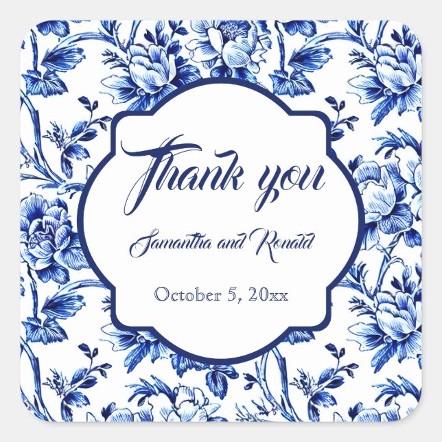 Elegant Blue White Floral Toile Wedding Thank You Square Sticker (Front)