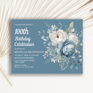 Elegant Blue White Floral Women's 100th Birthday Invitation Postcard