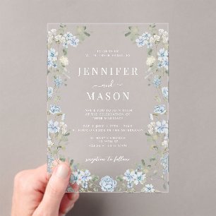 Elegant Blue White Floral Wreath Bohemian Wedding Acrylic Invitations
