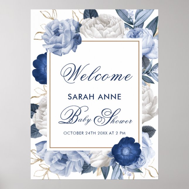 Elegant Blue White Flower Baby Shower Welcome Poster (Front)