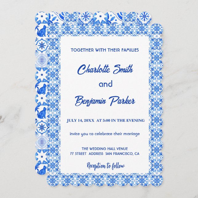 Elegant Blue White Flower chinoiserie wedding Save The Date (Front/Back)