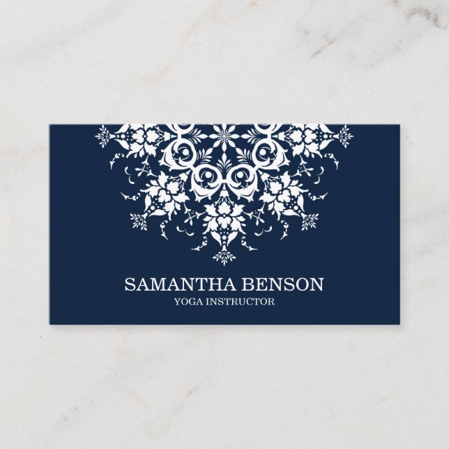 Elegant Blue & white Flower Logo Yoga Business Card (Front)