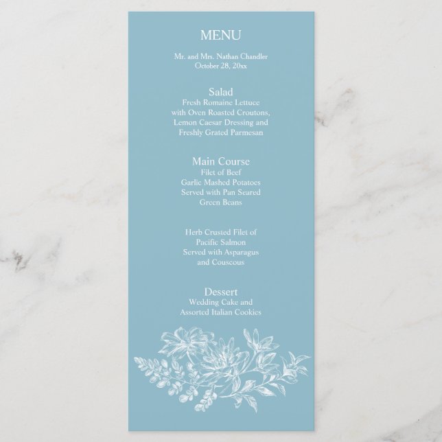 Elegant Blue White Flower Wedding Reception Menu (Front)