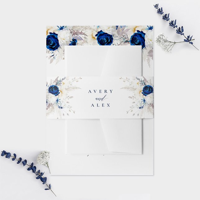 Elegant Blue & White Flowers Calligraphy Wedding Invitation Belly Band (Creator Uploaded)