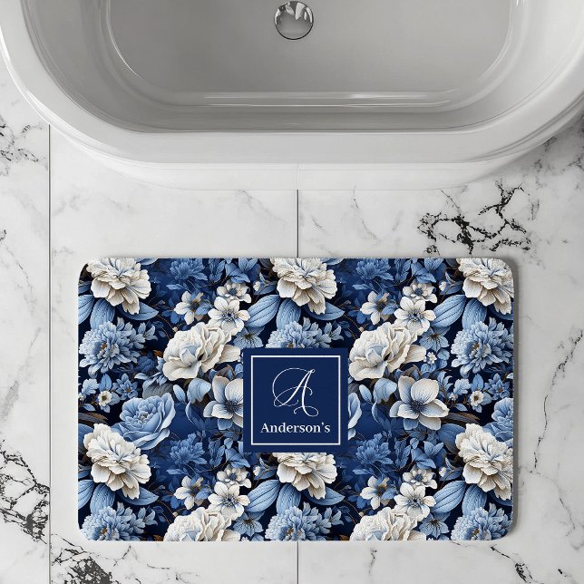 Elegant Blue White Flowers Personalised Bath Mat (Navy blue and ivory flowers,
Deep Blue flowers botanical garden,
Royal blue dusty blue floral,
Water)