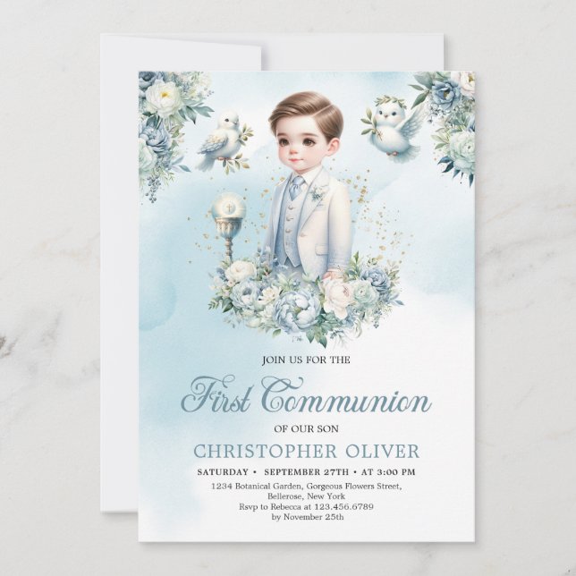 Elegant blue white flowers sage First Communion Invitation (Front)