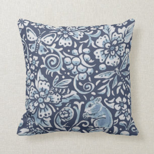 Elegant Blue White Forest Animal Floral Woodland Cushion