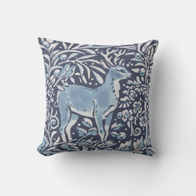 Elegant Blue White Forest Deer Birds Woodland Art Cushion (Front)