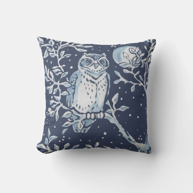 Elegant Blue White Forest Owl Moon Woodland Art Cushion (Front)